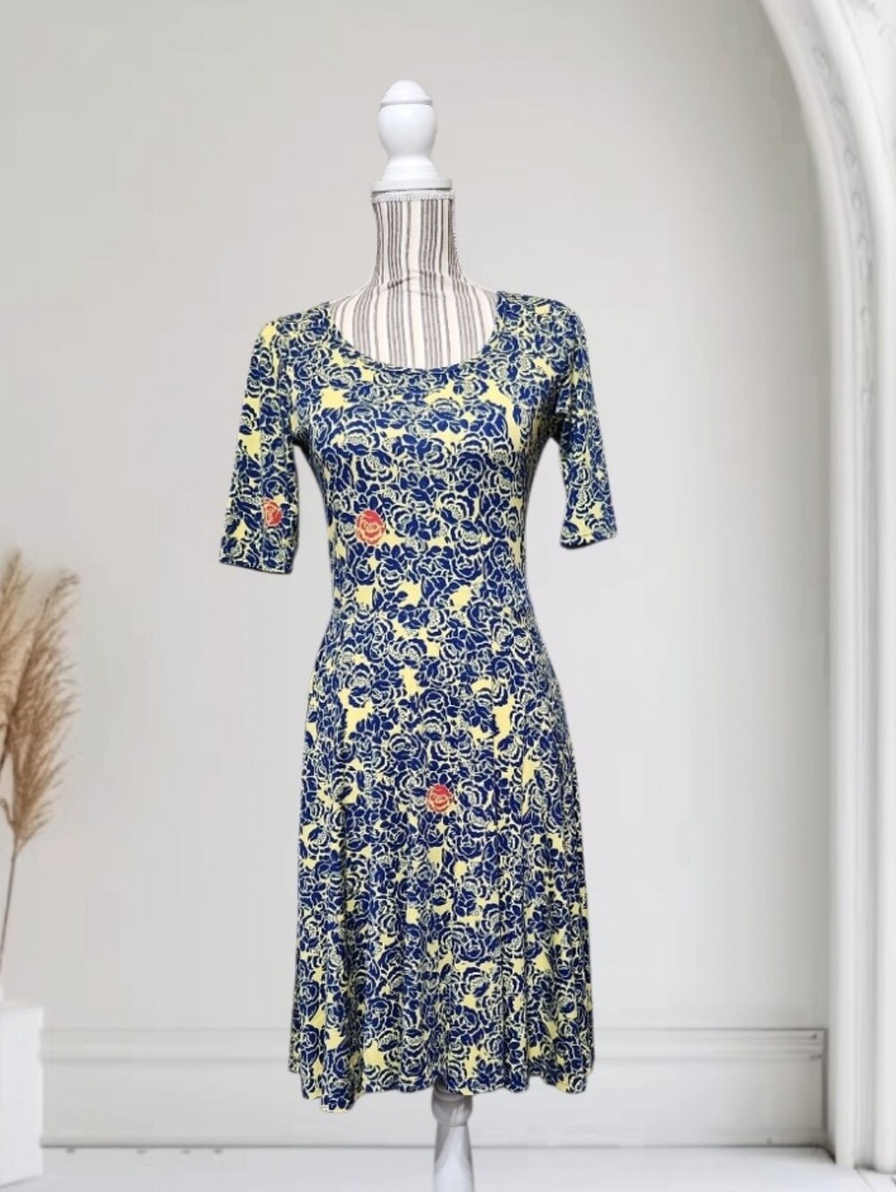 LuaRoe Nicole A-line Navy, Yellow, Red Floral Dress (S)